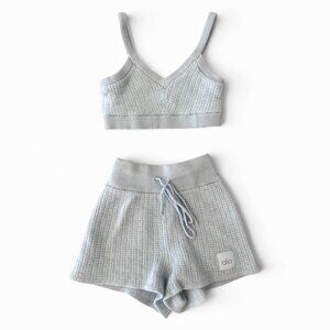 Alo cashmere plush waffle v-neck bra (XS) and waffle short (XXS) in crystal blue